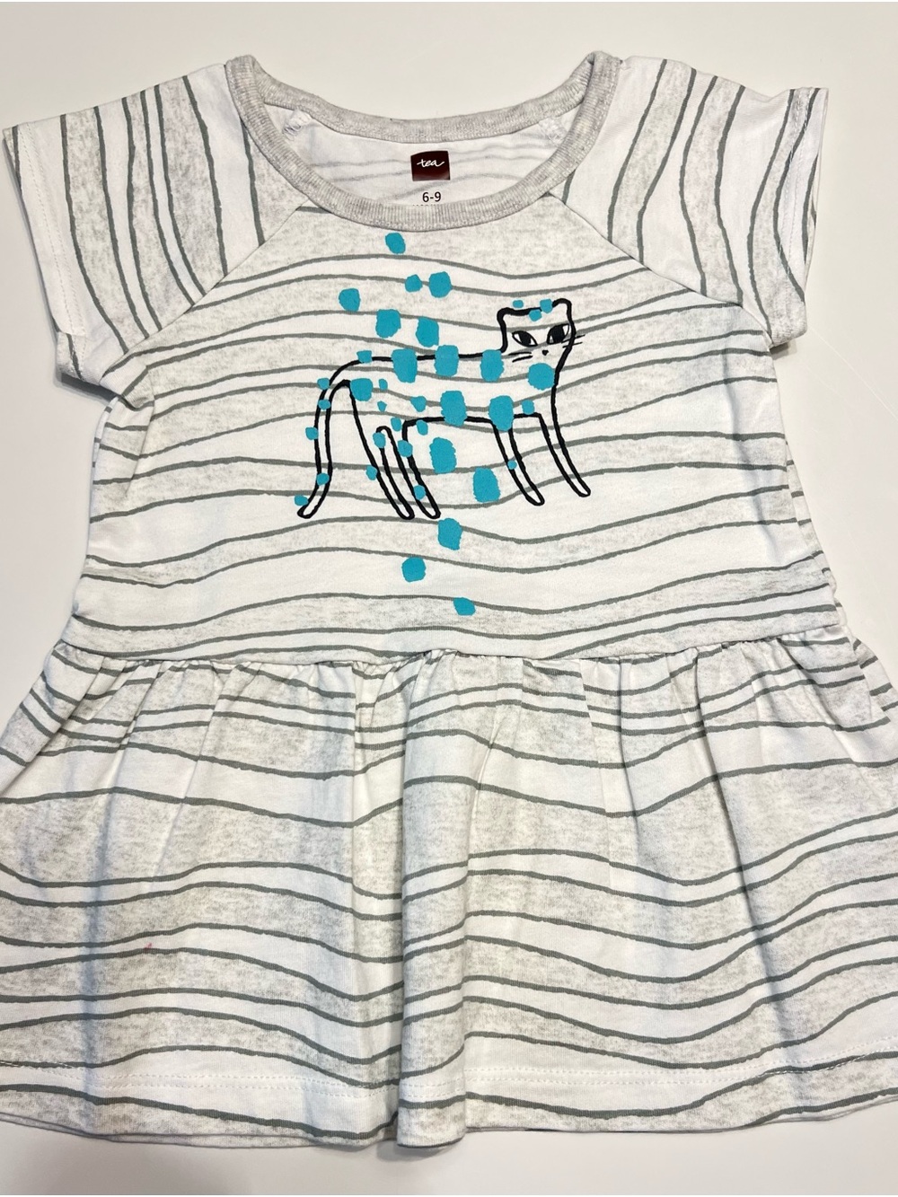 Tea Collection White & Gray Striped Cat Peplum Dress with Blue Spots